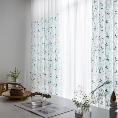 Sheer white curtains with a delicate brown leafy vine pattern, offering light transmission for a pastoral style room. - Image 6