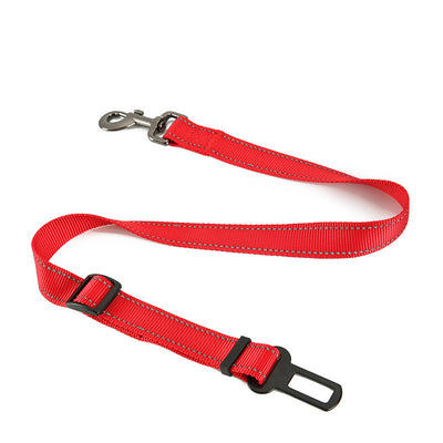 Red pet seat belt with reflective stitching, featuring a metal swivel clip and a black car seat belt buckle. - Image 41