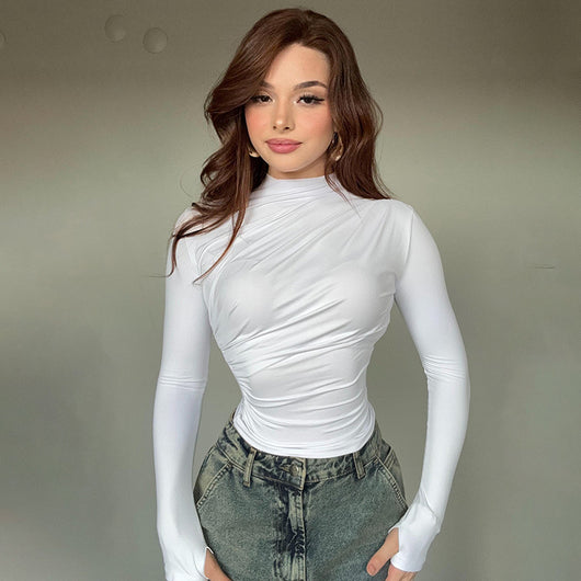 Blusa Cuello Alto Plisada Ajustada para Otoño e Invierno - Image 20