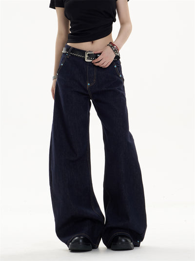 Pantalones Jeans Azul Oscuro Retro Corte Recto Ancho Casual - Image 18