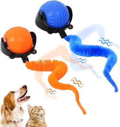 Interactive blue pet ball toy with a fuzzy worm attachment, captivating a brown dog and a tabby cat. - Image 9