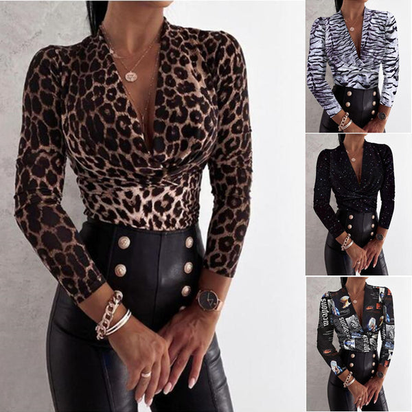 Blusa Leopardo Manga Larga Escote en V para Mujer
