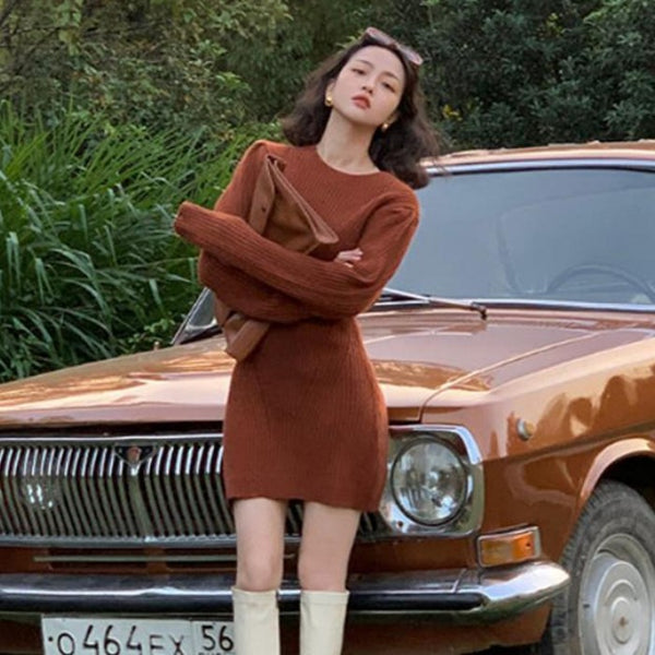 Vestido Suéter Tejido Largo Elegante Estilo Portuario para Mujer