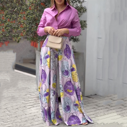 Conjunto de Dos Piezas: Camisa con Solapa y Pantalón Estampado