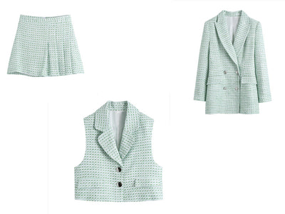 Conjunto de 3 Piezas: Blazer Cuadrille, Tank Top Abotonado y Falda Plisada Mini - Image 7