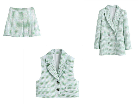 Conjunto de 3 Piezas: Blazer Cuadrille, Tank Top Abotonado y Falda Plisada Mini - Image 7
