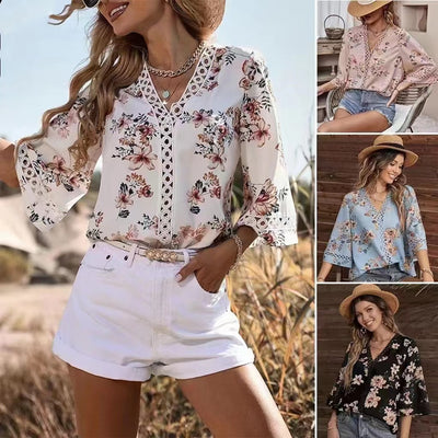 Blusa Elegante Suelta con Escote en V y Mangas Acampanadas de Encaje