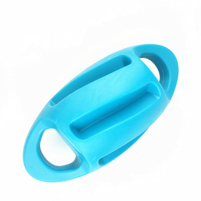 Blue TPE dog toy with an oval shape, two handles, and ridges, designed for vocal play and floating in water. - Image 5