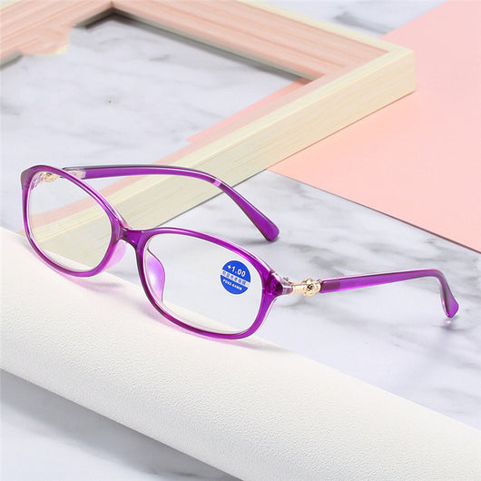 Elegant purple full-frame reading glasses with gold accents on the temples, featuring a +1.00 magnification. - Image 3