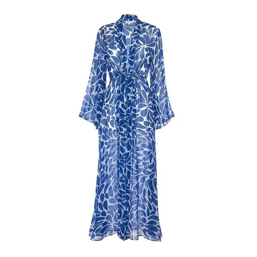 Woman in black and white floral print one-piece swimsuit with matching long-sleeved kimono cover-up and white belt. - Image 11