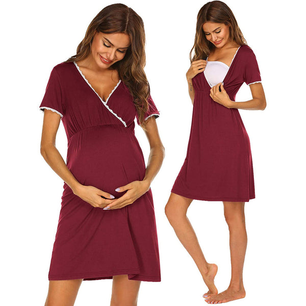 Vestido de Maternidad Elegante con Escote en V y Mangas Cortas de Encaje