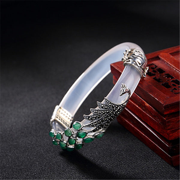 Pulsera de Plata Esterlina Vintage con Calcedonia Blanca Natural - Diseño Artesanal