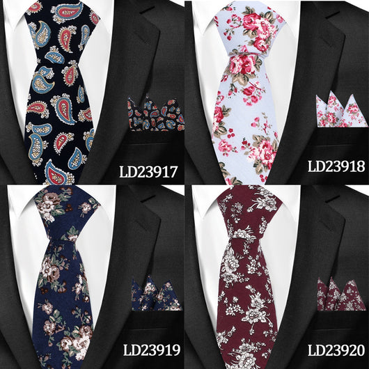 Corbata Casual de Algodón con Estampado Floral 6cm + Pañuelo de Bolsillo - Image 29