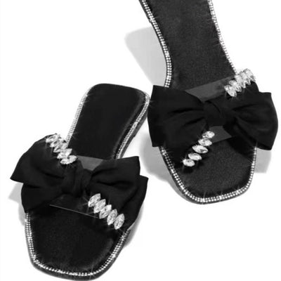 Pantuflas Planas con Moño de Cristales Brillantes