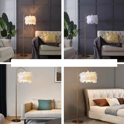 Lámpara de Piso Curva Decorativa LED con Plumas Blancas y Detalles Dorados - Image 10