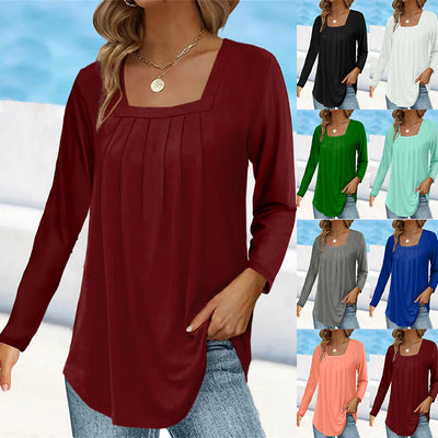 Blusa Plisada Cuello Cuadrado Manga Larga Talla Grande Algodón Imitación