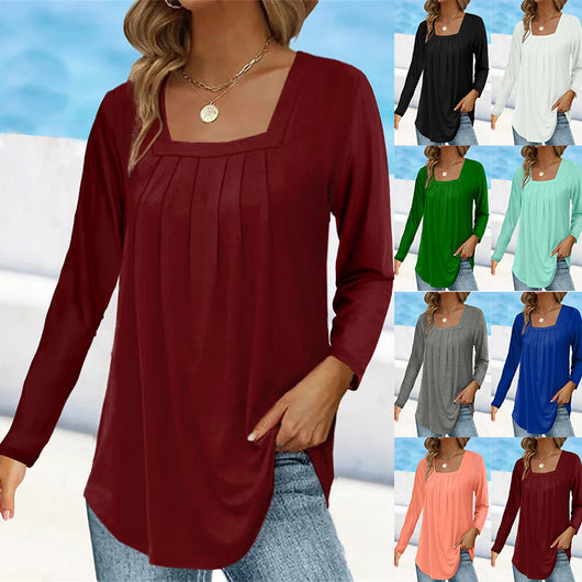 Blusa Plisada Cuello Cuadrado Manga Larga Talla Grande Algodón Imitación