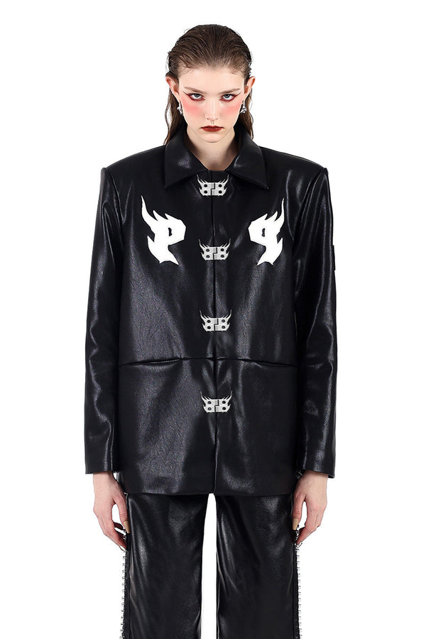 Chaqueta de Cuero y Algodón Negro con Hebilla de Metal Original