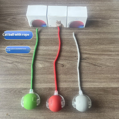 Gray intelligent automatic cat teasing ball with a clear section and braided cord, next to its white product box. - Image 7