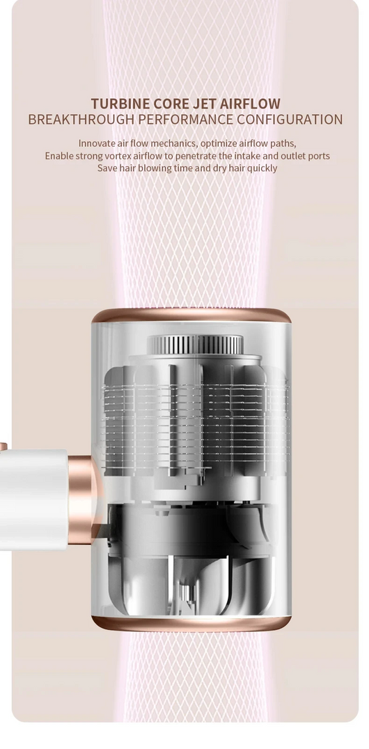 White professional hair dryer with rose gold accents, blue fan, and two control buttons, shown with a US 110V plug and a 360-degree rotating air collector nozzl - Image 26