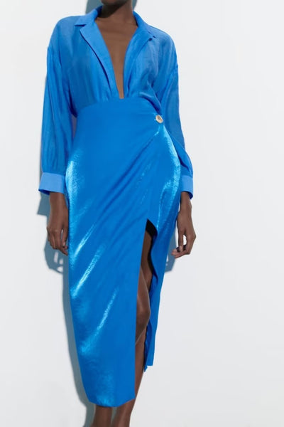 Blusa Cruzada de Satén con Falda Sarong de Cintura Alta - Image 3