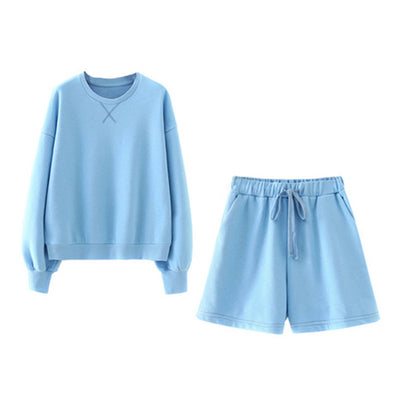 Conjunto de Buzo y Shorts Holgado de Cuello Redondo en Color Liso