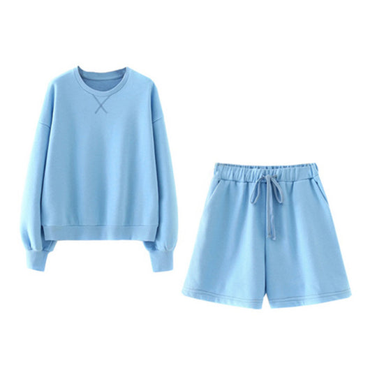 Conjunto de Buzo y Shorts Holgado de Cuello Redondo en Color Liso