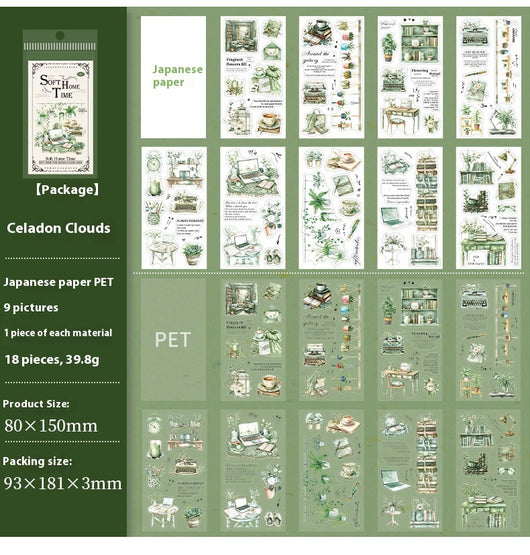 Soft Home Time Series decorative stickers featuring retro-style illustrations of furniture, books, and flowers. - Image 20