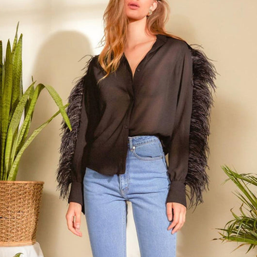 Camisa de Manga Larga con Panel de Plumas de Avestruz - Image 9