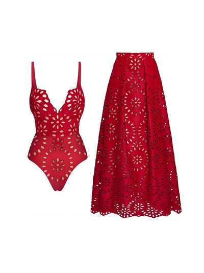 Navy blue women's one-piece swimsuit and matching midi skirt set with laser-cut floral patterns and scalloped edges. - Image 5