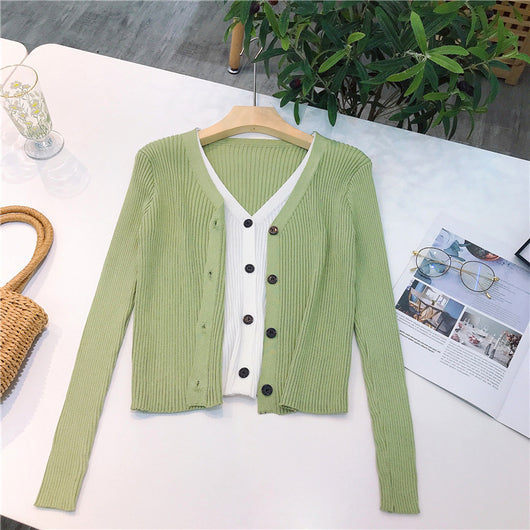 Cardigan Tejido Falsa Dos Piezas Mujer Cuello V Manga Larga - Image 63