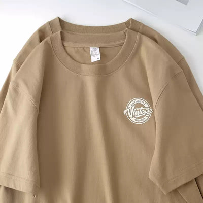 Camiseta Suelta de Algodón Peinado Manga Corta con Estampa de Letras - Beige - Image 6