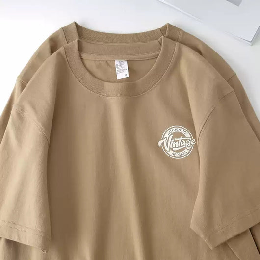Camiseta Suelta de Algodón Peinado Manga Corta con Estampa de Letras - Beige - Image 6