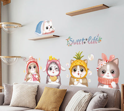 Cartoon cat wall sticker featuring multiple playful cats, one reaching for a fish, with "I LOVE FISH" text. - Image 28