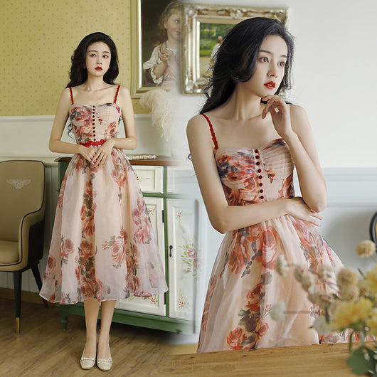 Vestido Floral Vintage con Tirantes y Cintura Ajustada para Verano