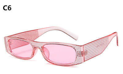 Yellow rectangular sunglasses with clear rhinestone-studded frames and matching yellow lenses. - Image 9