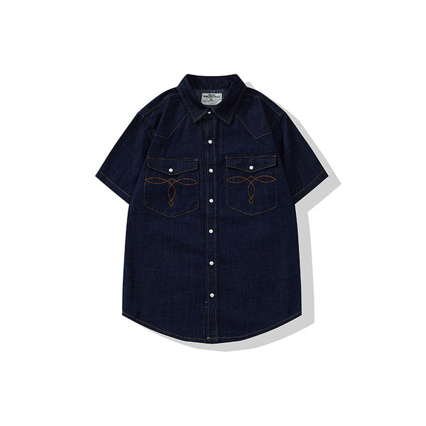 Camisa Denim Vintage Americana Manga Corta con Estampado Floral