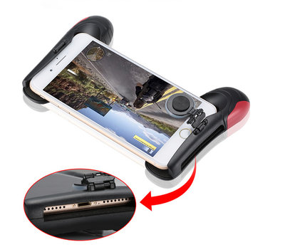 Black mobile game handle with an attached joystick and trigger buttons, holding a smartphone displaying a game. - Image 10