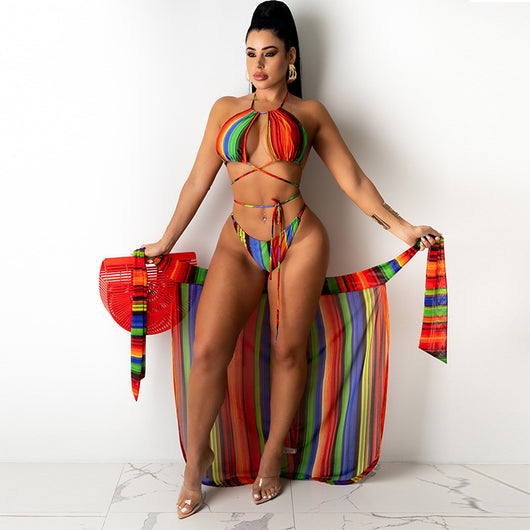 Bikini de Tres Piezas con Tul Estampado y Abertura Lateral - Image 3