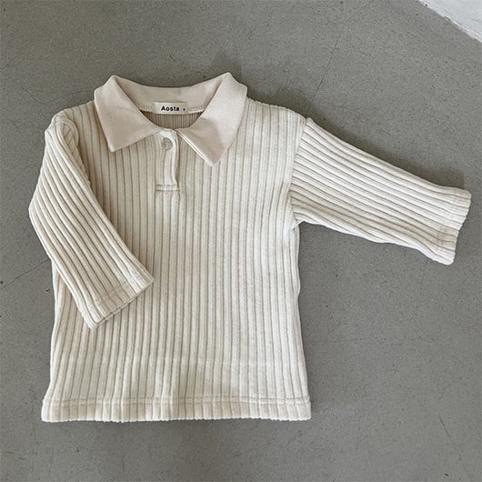 Camisa Infantil Estilo Coreano con Cuello Solapa y Rayas Hundidas - Image 3