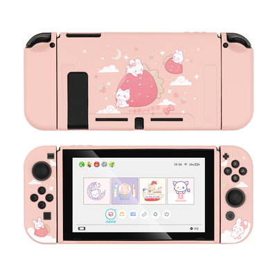 Pink protective case for Nintendo Switch with cute white rabbit and cloud pattern, covering console and Joy-Cons. - Image 5