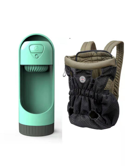 Navy blue mesh pet carrier backpack with leg holes and a light blue portable pet water bottle with a transparent reservoir. - Image 12