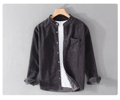 Camisa Retro de Pana para Hombre con Cuello Mao de Manga Larga - Image 11