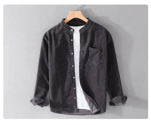 Camisa Retro de Pana para Hombre con Cuello Mao de Manga Larga - Image 11