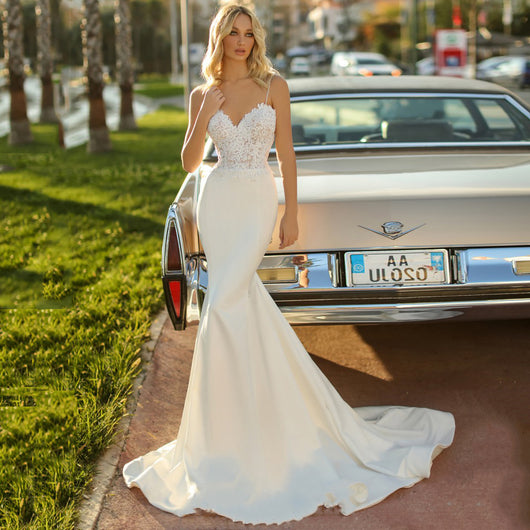 Vestido de Novia Blanco Tubo Escote Recto con Cola Sirena Elegante
