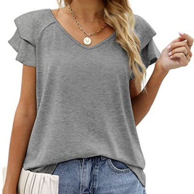 Blusa Cuello V Doble Capa Hoja de Loto Manga Corta para Dama - Image 4