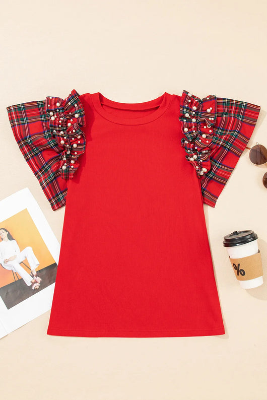 Camiseta Suelta Roja de Cuadros con Volantes en Mangas Cortas - Image 3