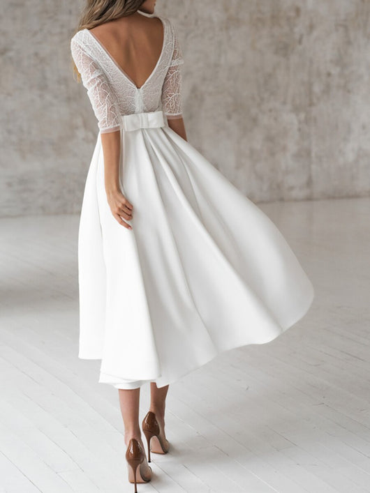 Vestido de Novia Satinado con Encaje en Espalda y Mangas Largas Bordadas - Image 7