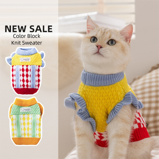 Suéter Tejido de Piña con Bloques de Color para Gatos y Mascotas - Abrigo Cálido Otoño Invierno