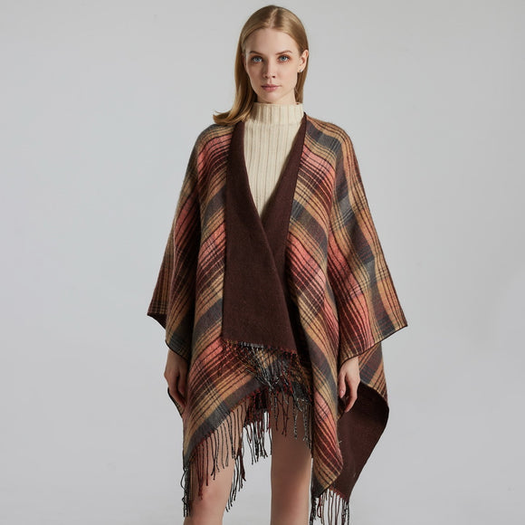 Poncho Cuadros Colorido de Cachemir Sintético con Borlas